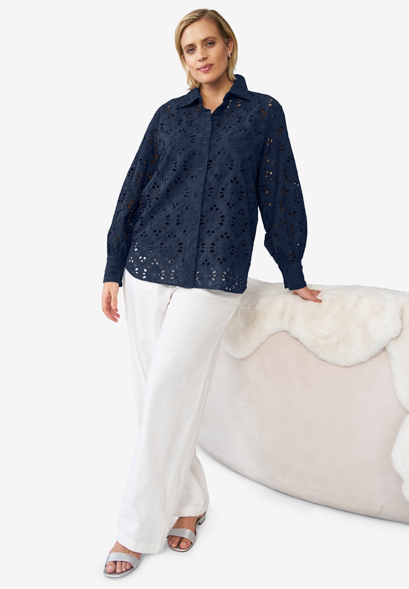 Eyelet Button Front Shirt With Blouson Sleeves image number 0
