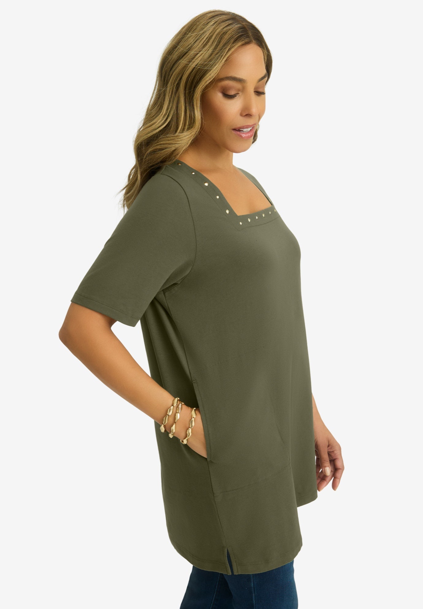 Stretch Cotton Studded Square Neck Tunic image number 1
