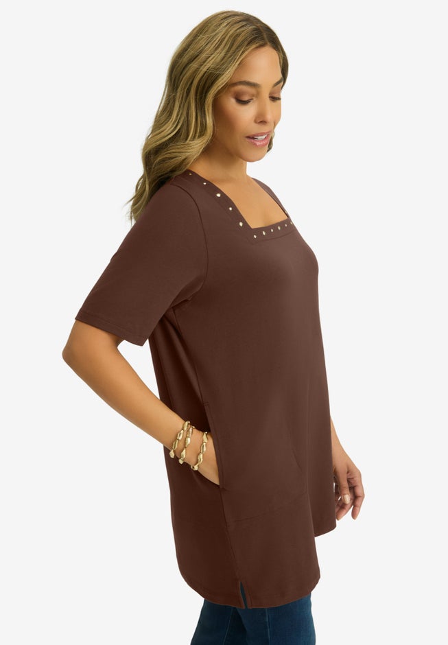 Stretch Cotton Studded Square Neck Tunic image number 1