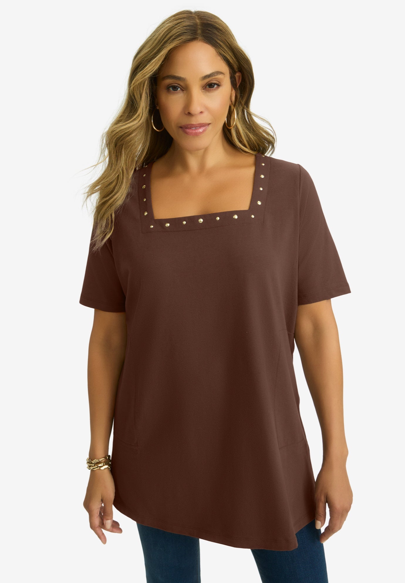 Stretch Cotton Studded Square Neck Tunic image number 0