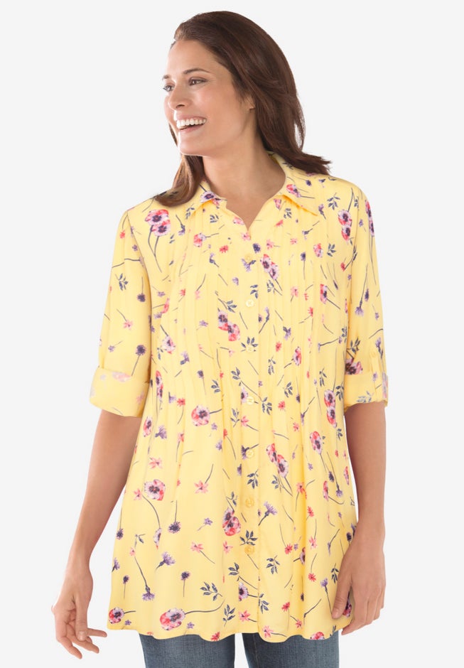 Pintucked Tunic Blouse EasyCare Rayon, Banana Airy Floral Woman Within