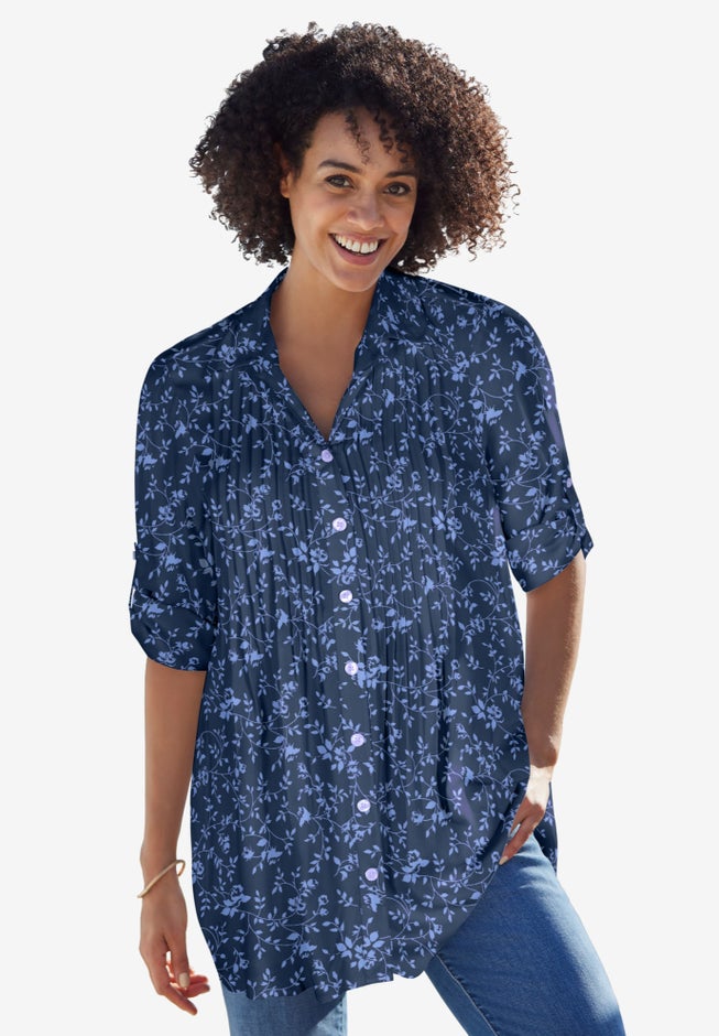 Pintucked Tunic Blouse EasyCare Rayon, Navy Floral Woman Within