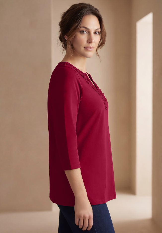 Stretch Cotton Crochet Notch Neck Tunic image number 2