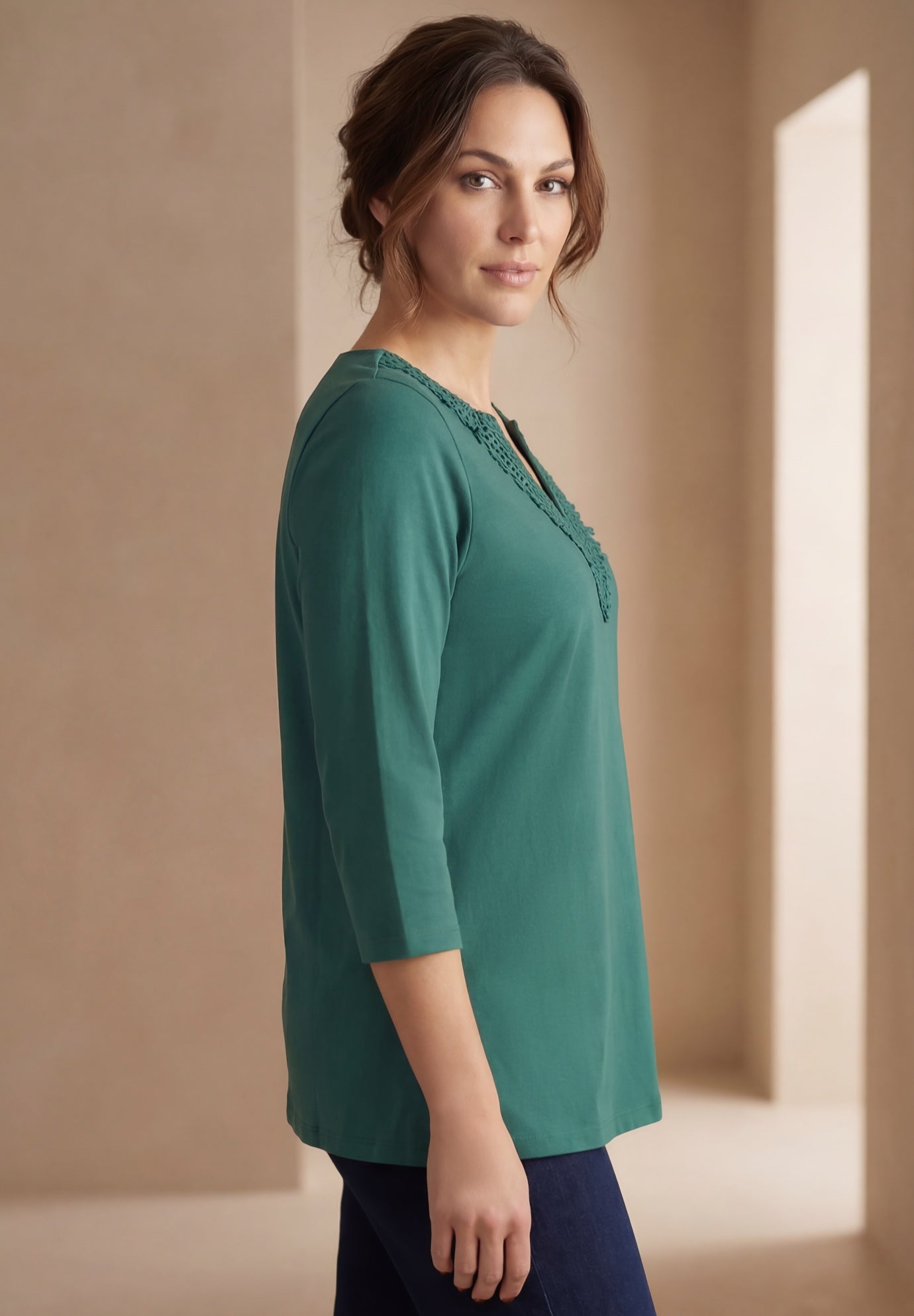Stretch Cotton Crochet Notch Neck Tunic image number 3