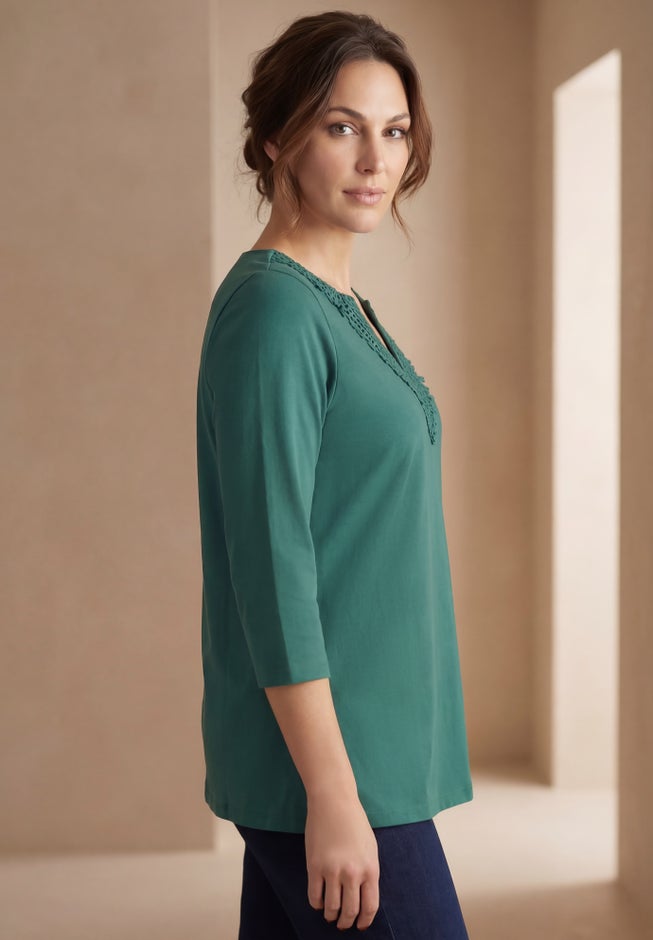 Stretch Cotton Crochet Notch Neck Tunic image number 3