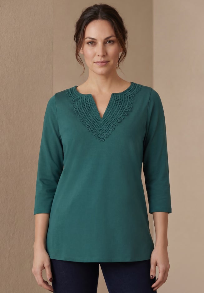 Stretch Cotton Crochet Notch Neck Tunic image number 1