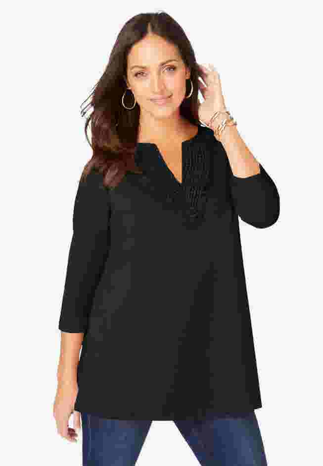 Stretch Cotton Crochet Notch Neck Tunic image number 0