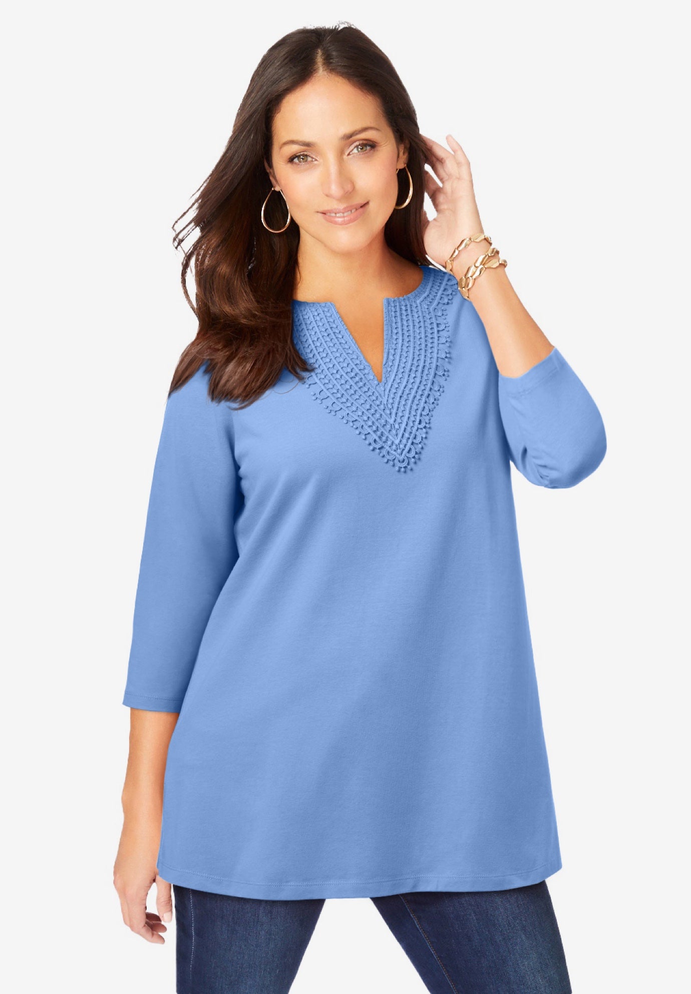 Stretch Cotton Crochet Notch Neck Tunic image number 0
