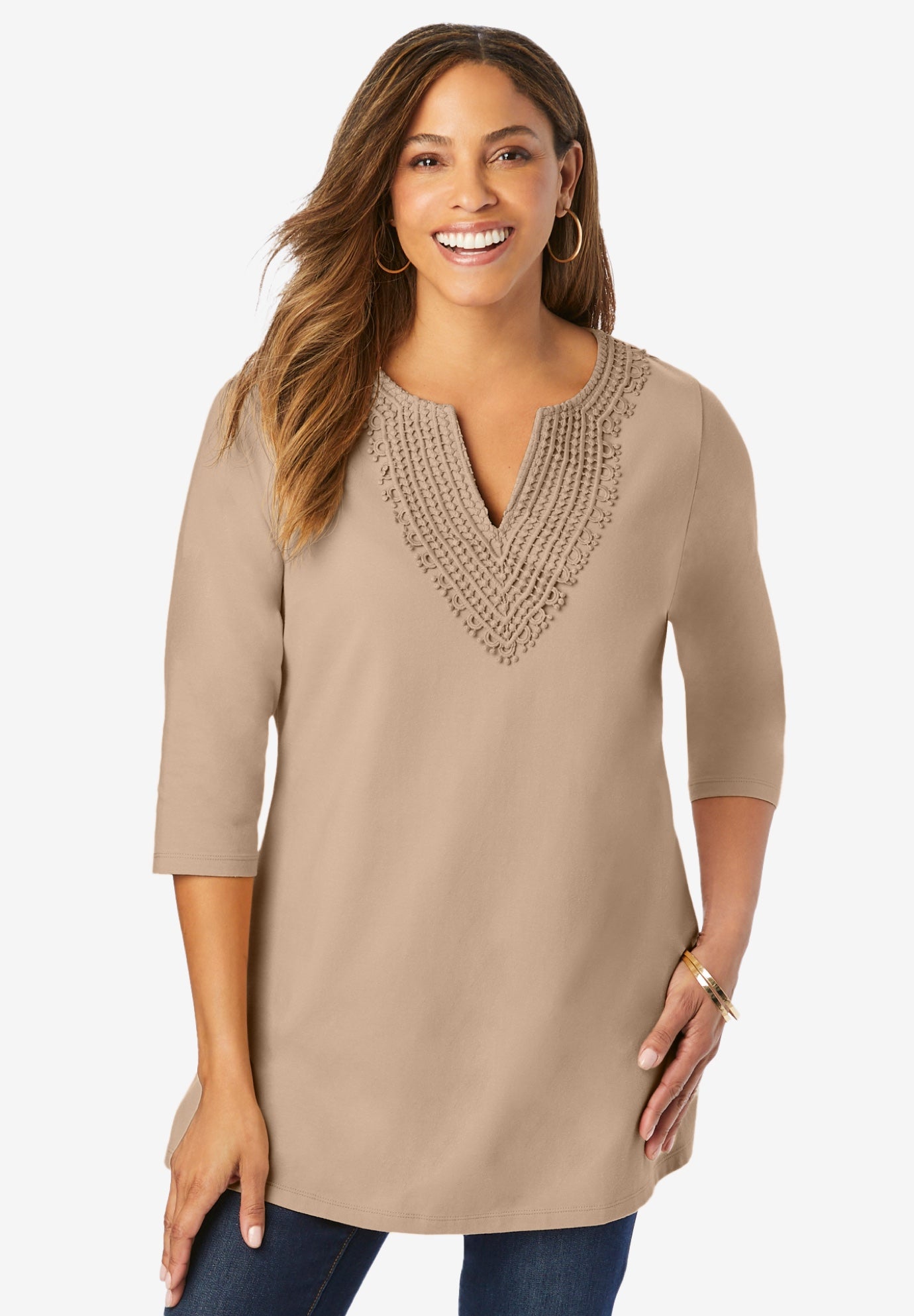 Stretch Cotton Crochet Notch Neck Tunic image number 0