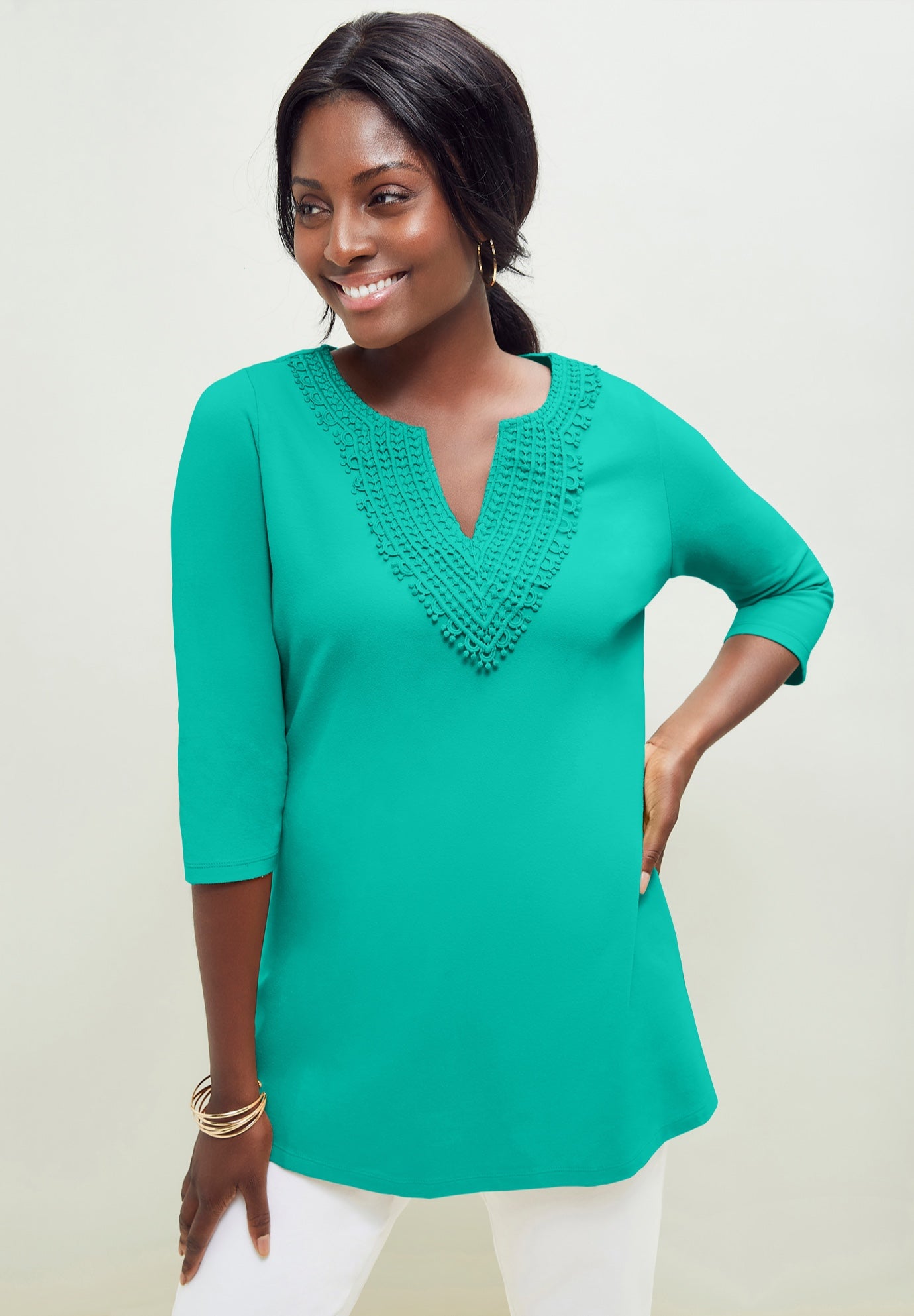 Stretch Cotton Crochet Notch Neck Tunic image number 0