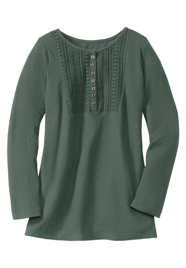 Waffle Thermal Lace Bib Henley Tee image number 1