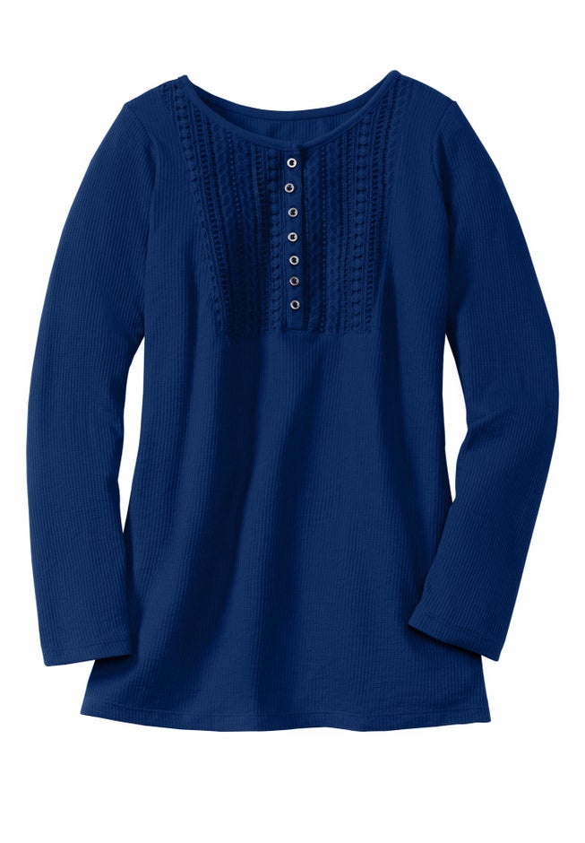 Waffle Thermal Lace Bib Henley Tee image number 1