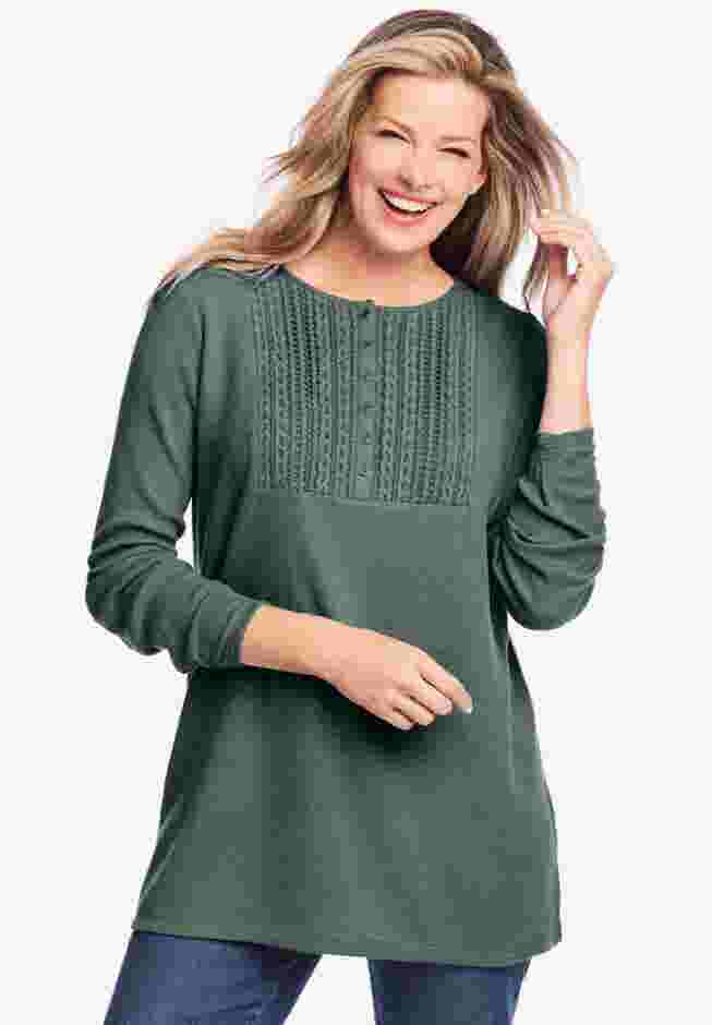 Waffle Thermal Lace Bib Henley Tee image number 0