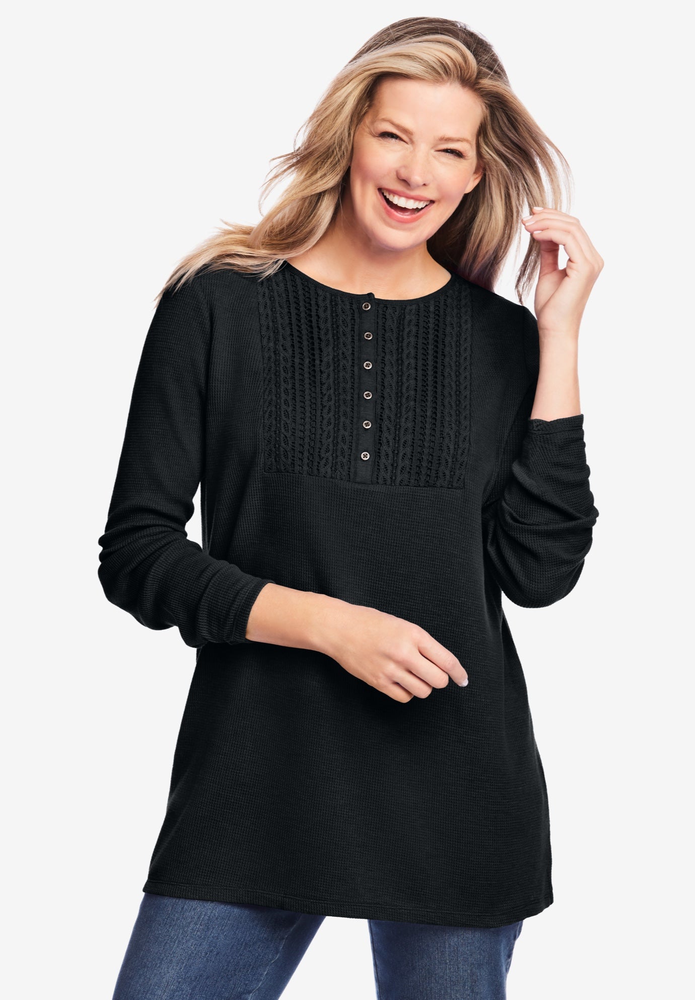 Waffle Thermal Lace Bib Henley Tee image number 0