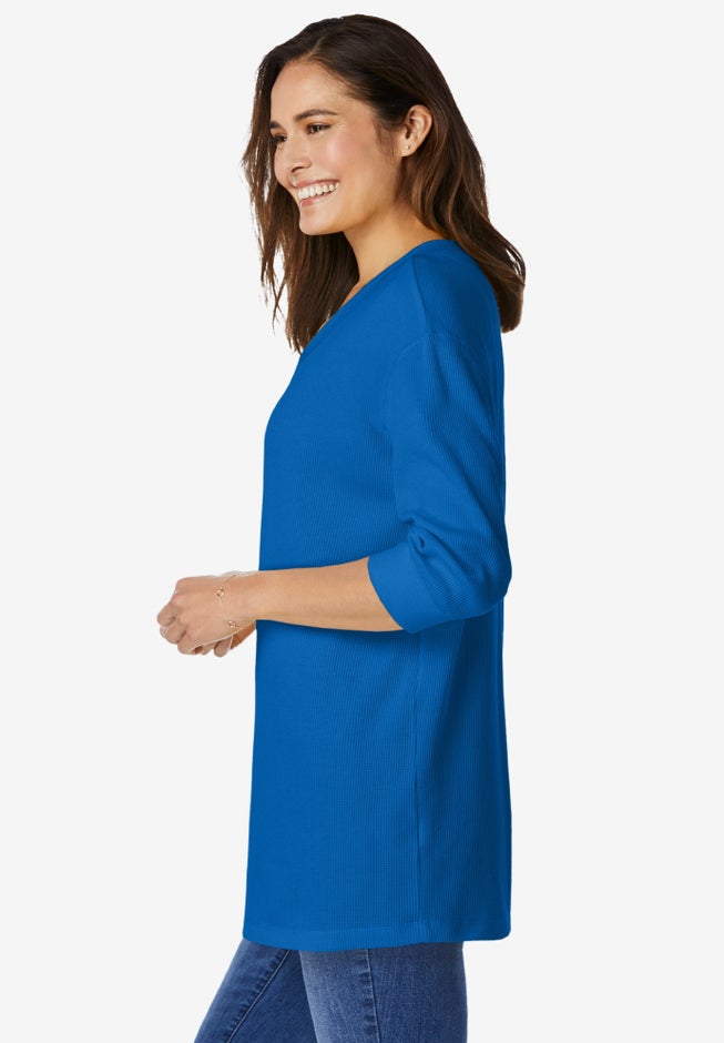 ThreeQuarter Sleeve Thermal VNeck Pullover, Deep Claret Woman Within