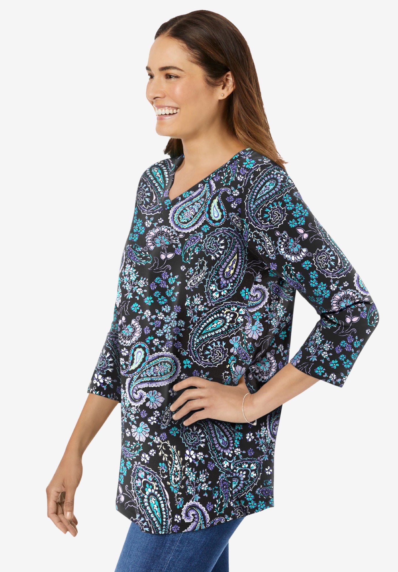 Perfect Printed Three-Quarter Sleeve V-Neck Tee image number 2