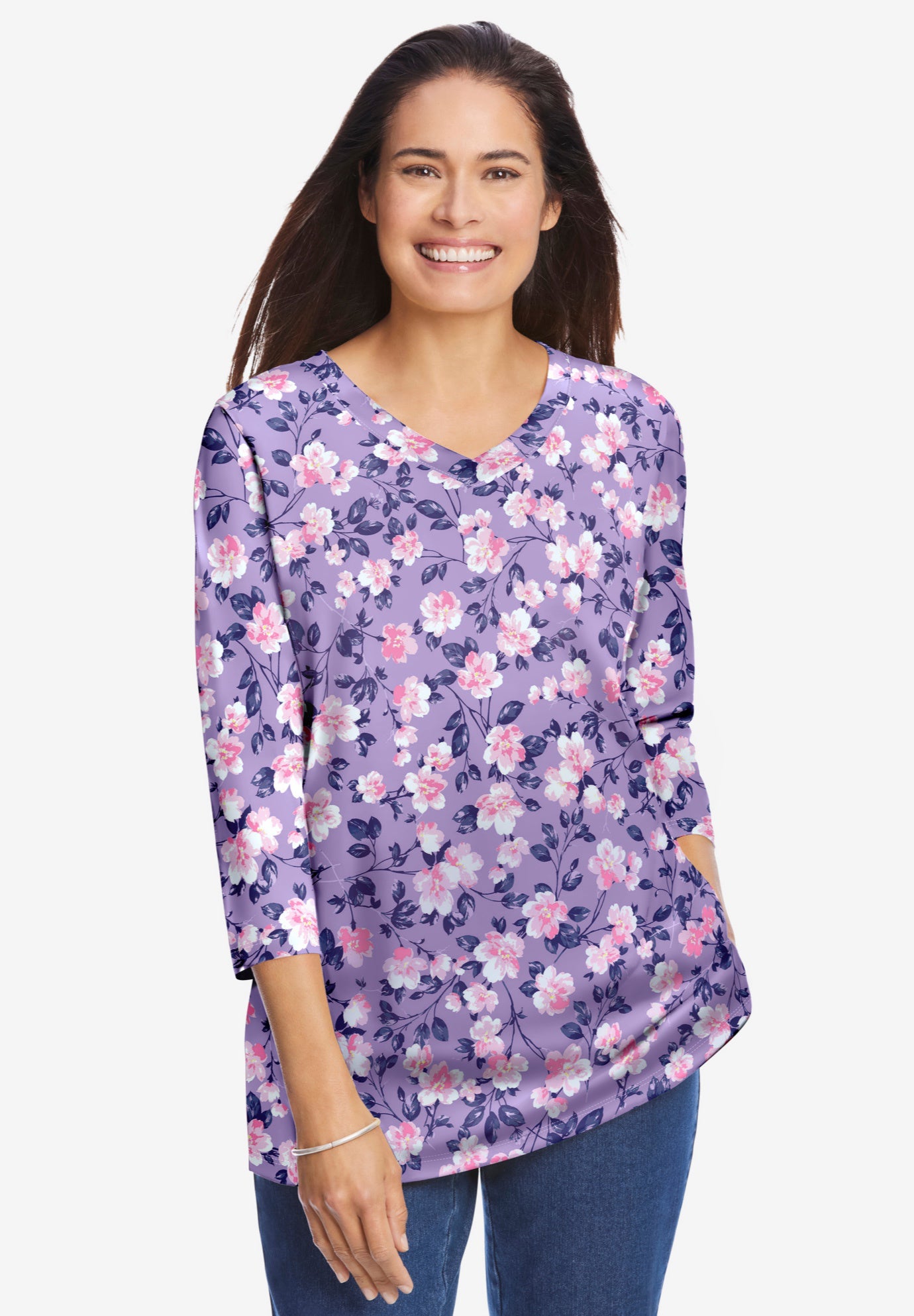 Perfect Printed Three-Quarter Sleeve V-Neck Tee image number 0