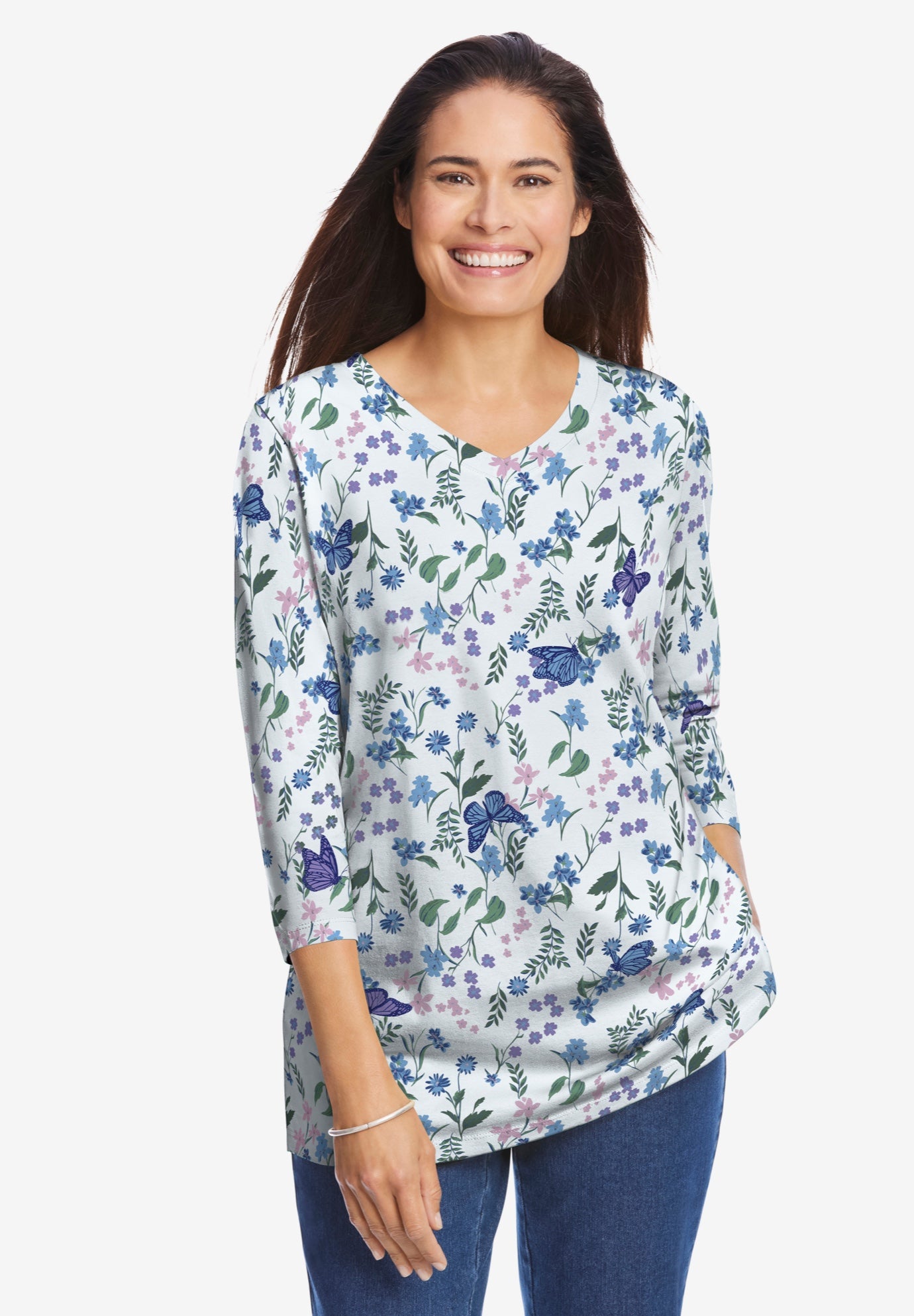 Perfect Printed Three-Quarter Sleeve V-Neck Tee image number 0