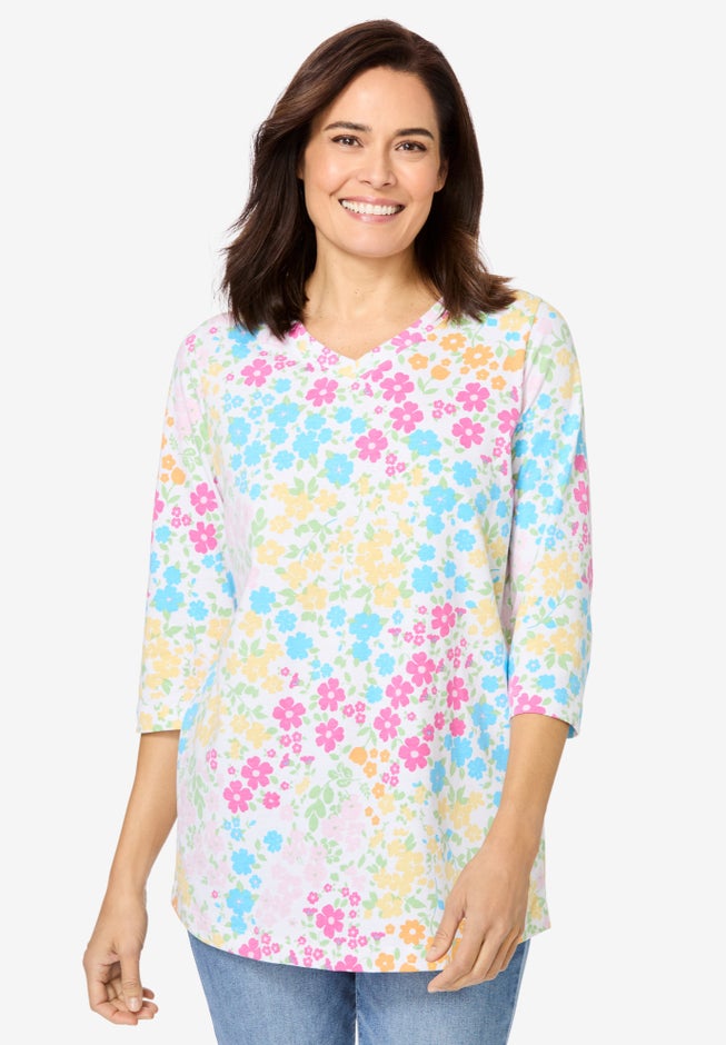 Perfect Printed Three-Quarter Sleeve V-Neck Tee image number 0
