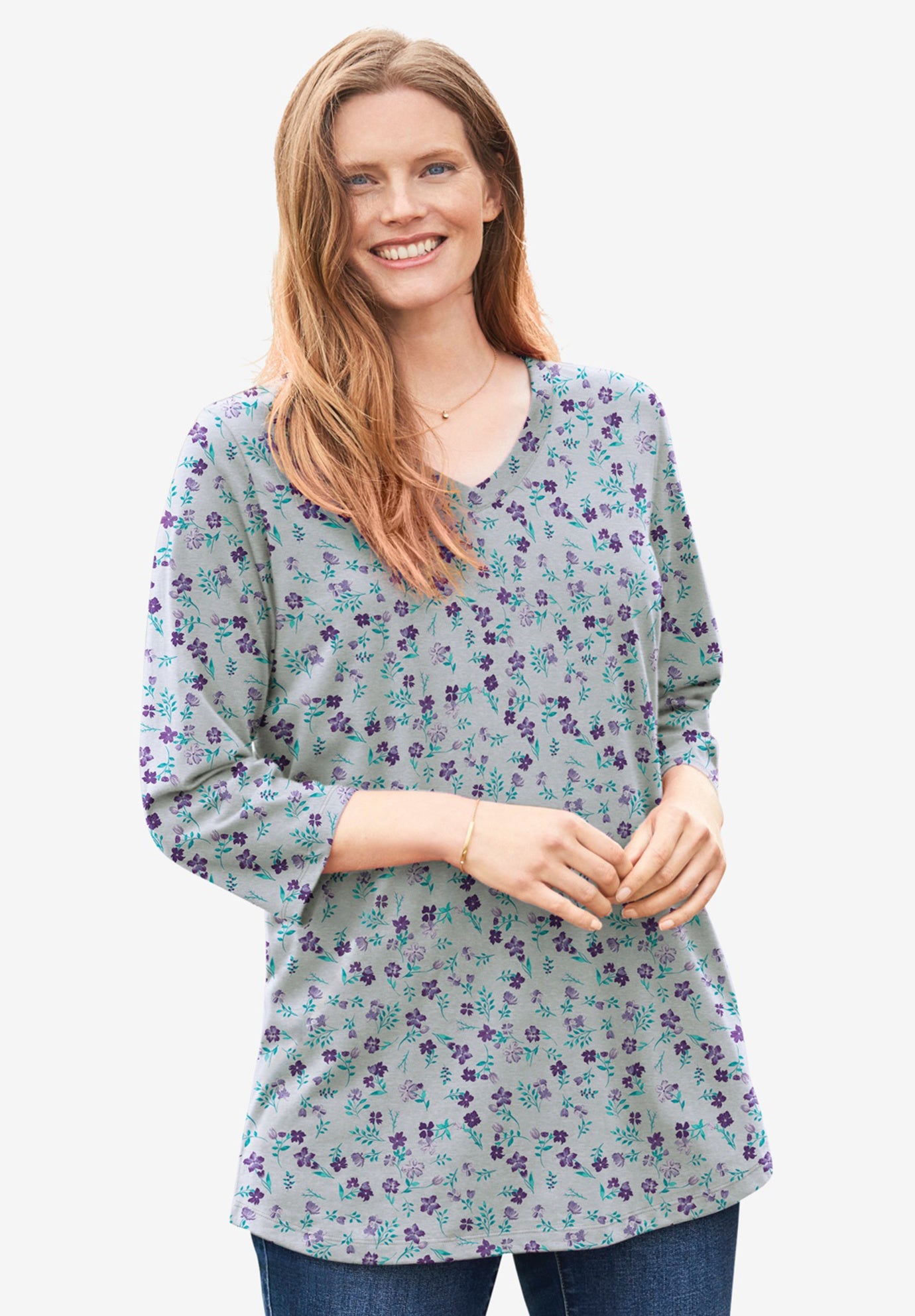 Perfect Printed Three-Quarter Sleeve V-Neck Tee image number 0