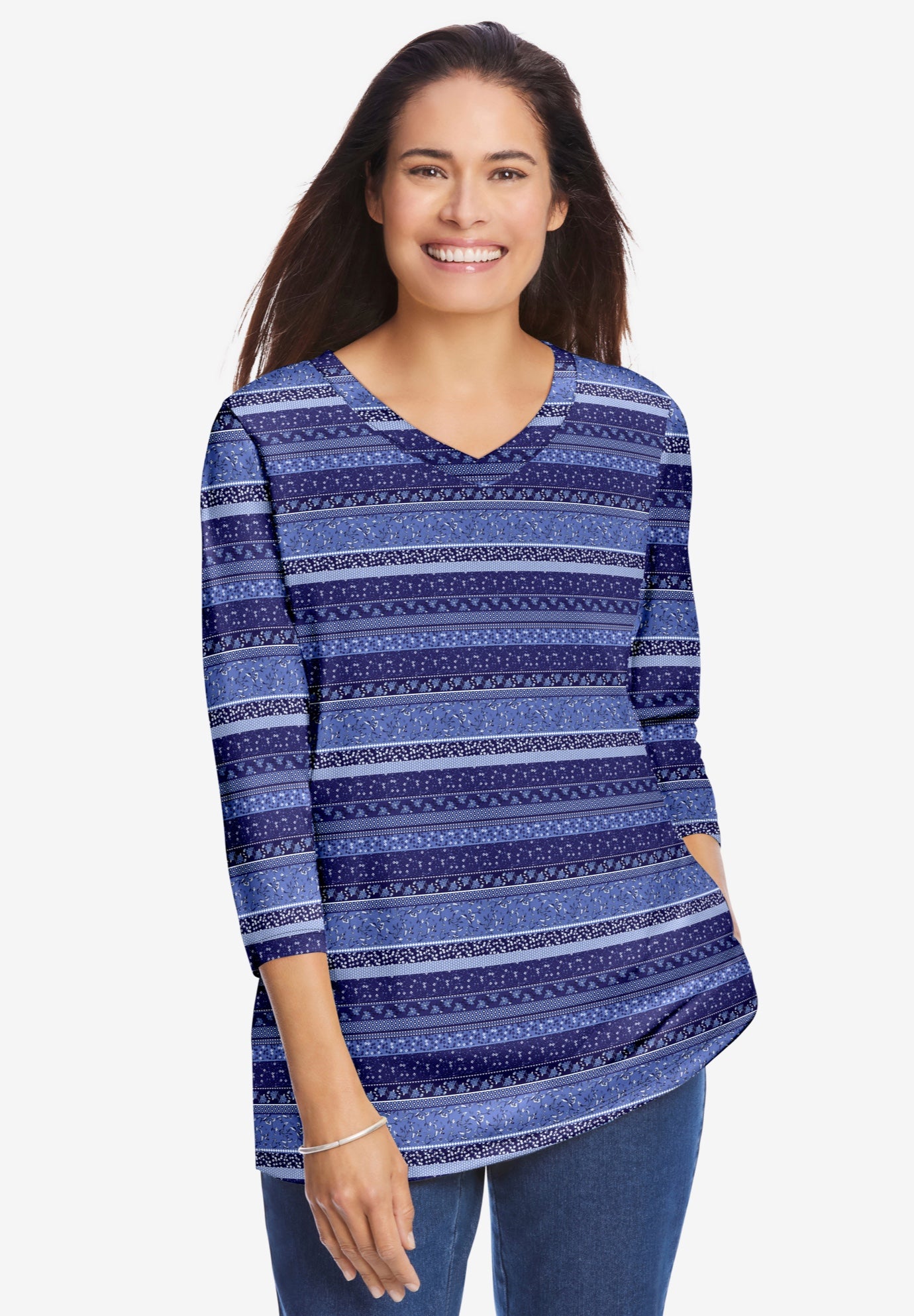 Perfect Printed Three-Quarter Sleeve V-Neck Tee image number 0