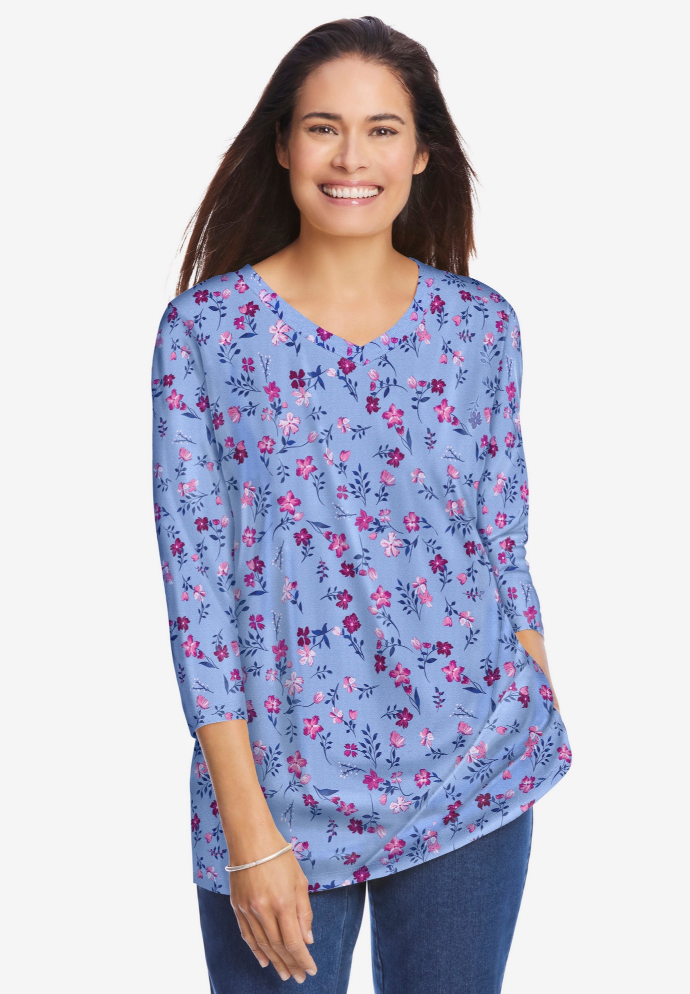 Perfect Printed Three-Quarter Sleeve V-Neck Tee image number 0