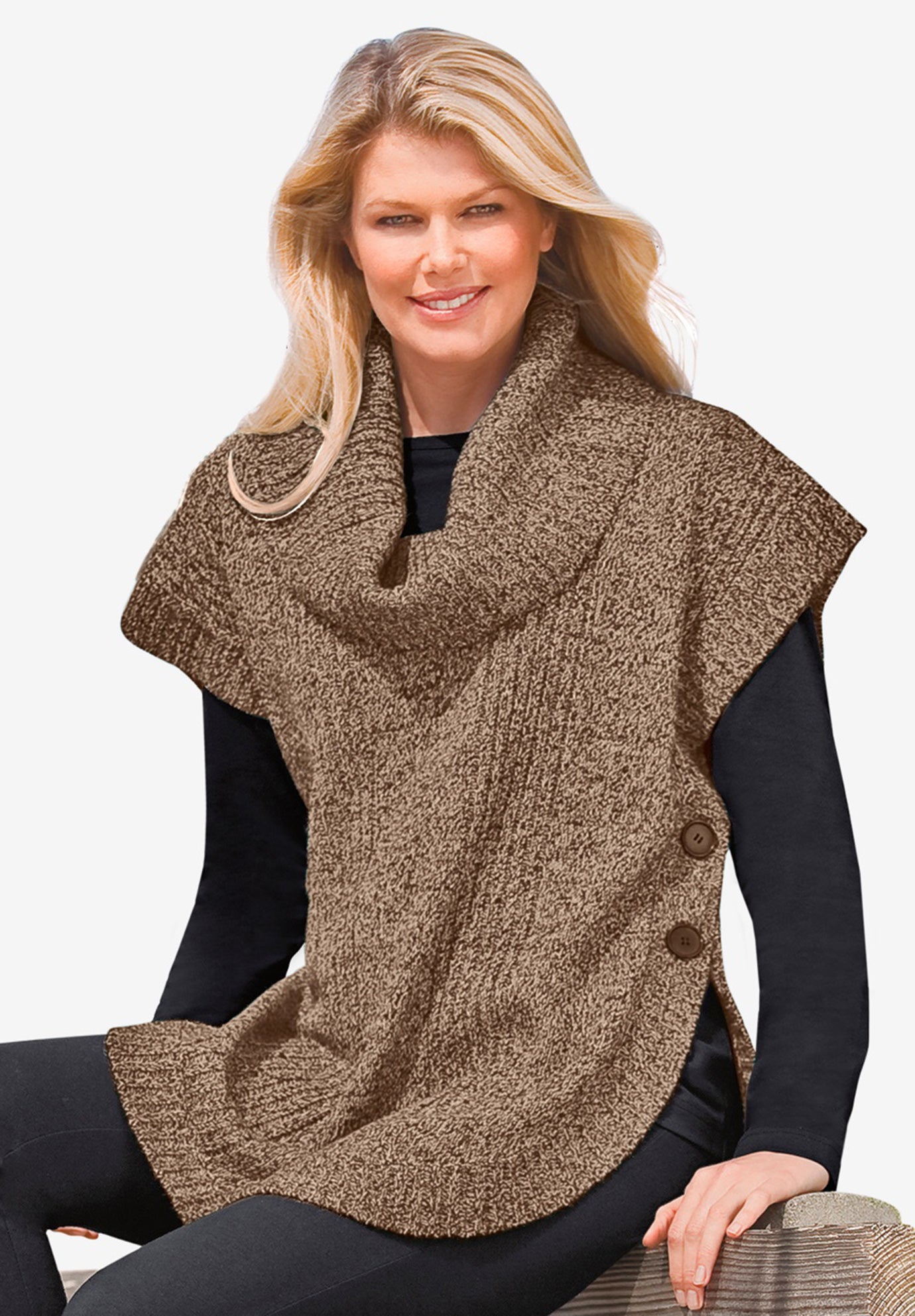 Marled Knit Cowl Neck Poncho image number 0