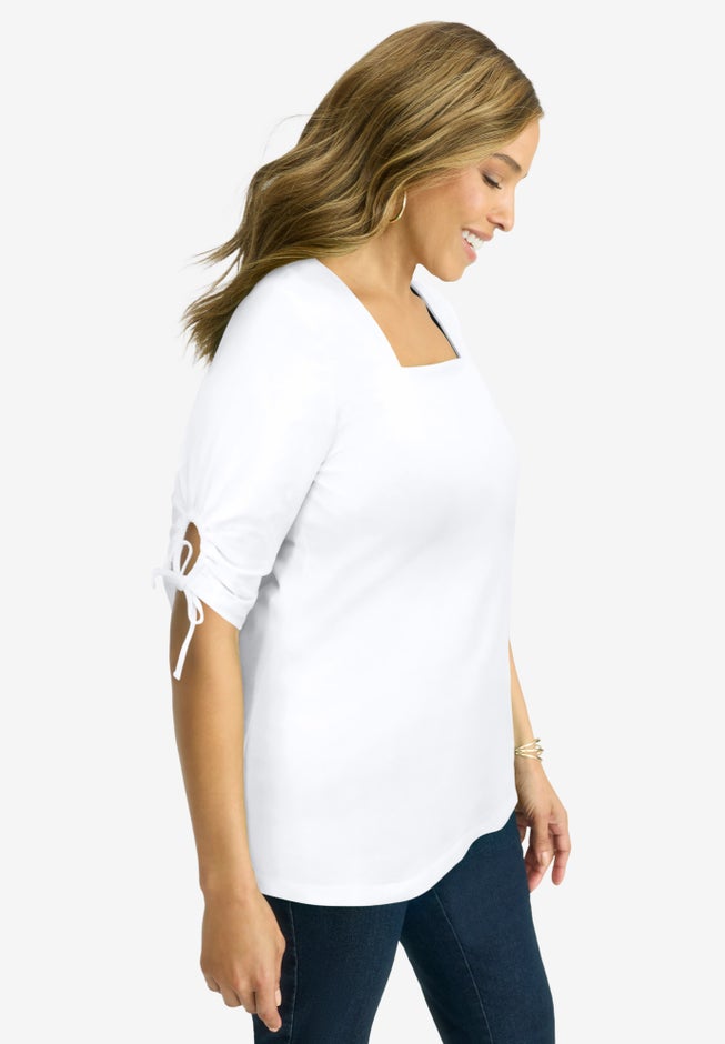 Stretch Cotton Tie Sleeve Square Neck Tee image number 2