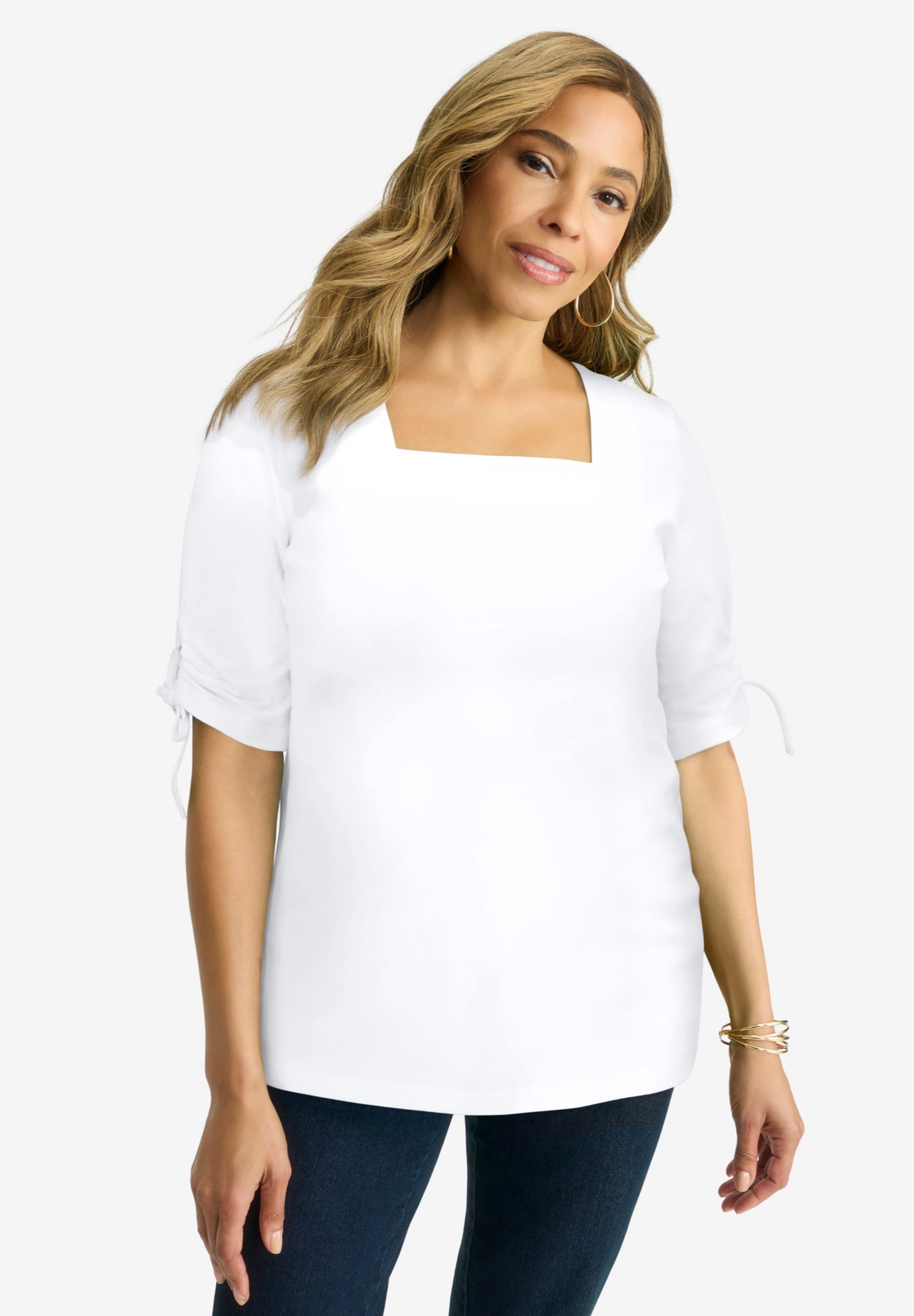 Stretch Cotton Tie Sleeve Square Neck Tee image number 0