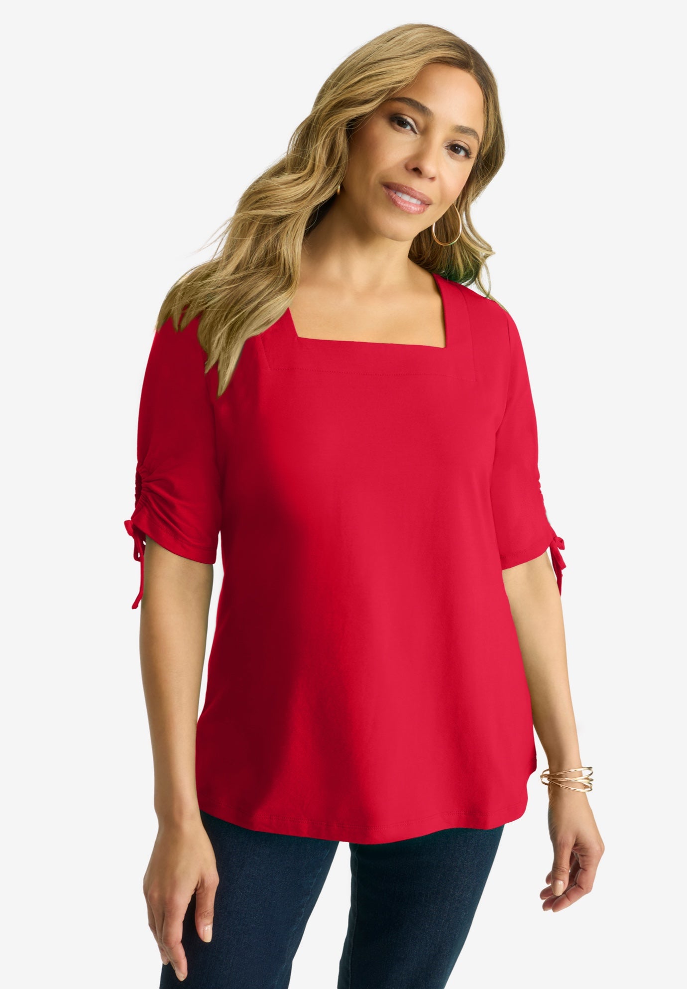 Stretch Cotton Tie Sleeve Square Neck Tee image number 0