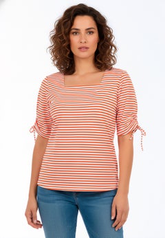 Stretch Cotton Tie Sleeve Square Neck Tee