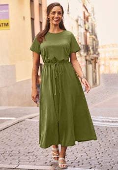 Stretch Cotton Drawstring Maxi Dress