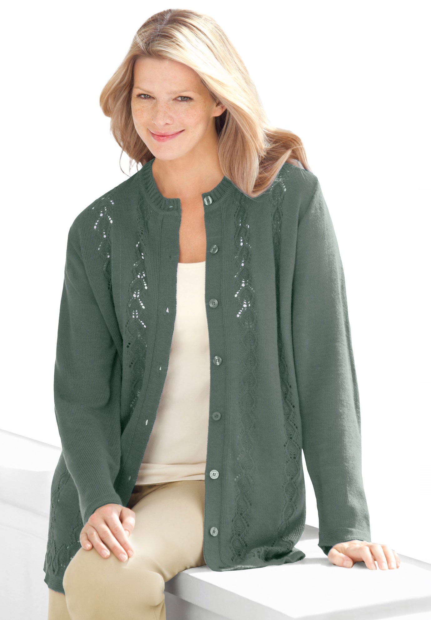 Long-Sleeve Pointelle Cardigan Sweater image number 0