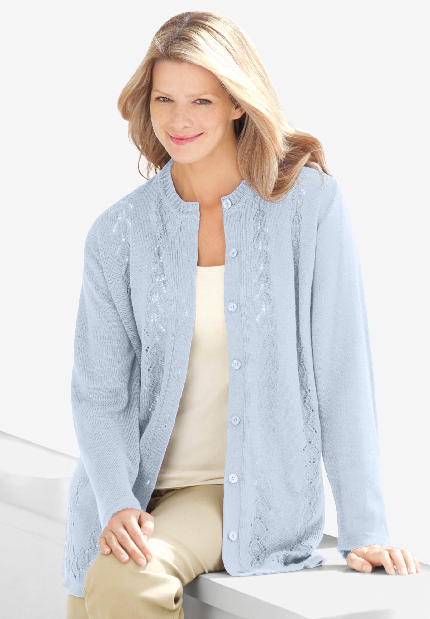 Long-Sleeve Pointelle Cardigan Sweater image number 0