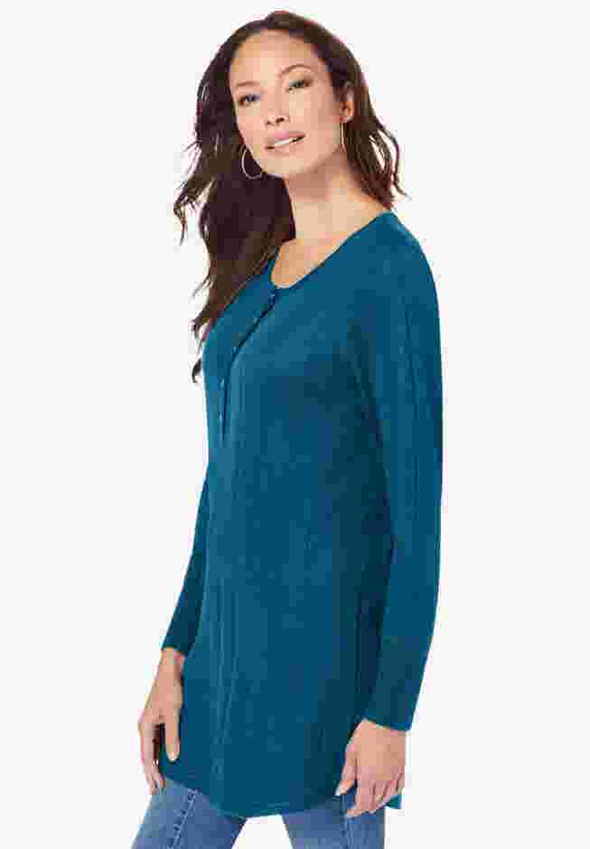 Plus Size Drop Needle Henley Lightweight Sweater Knit image number 2