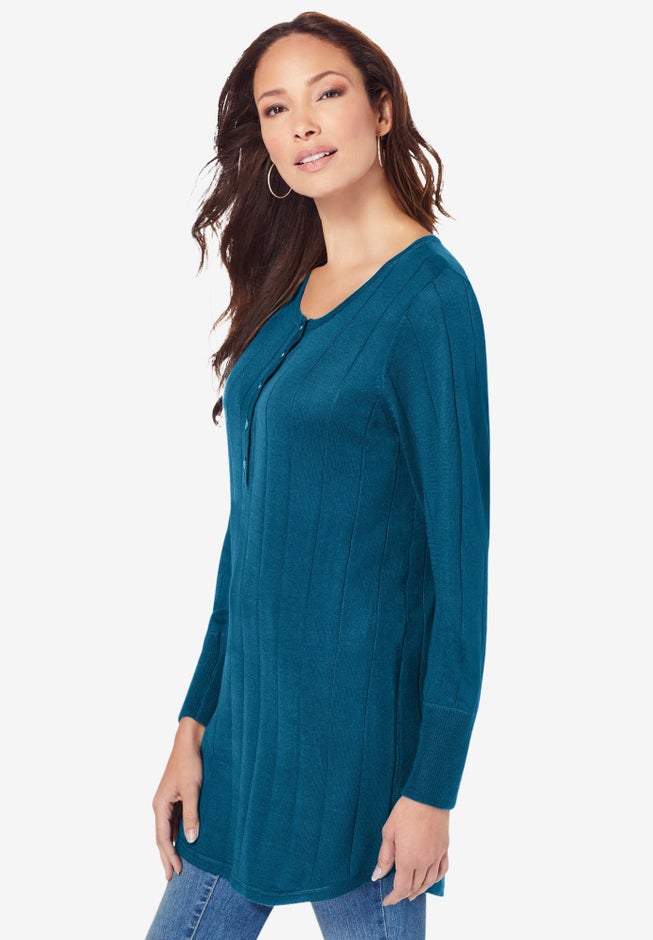 Plus Size Drop Needle Henley Lightweight Sweater Knit image number 2