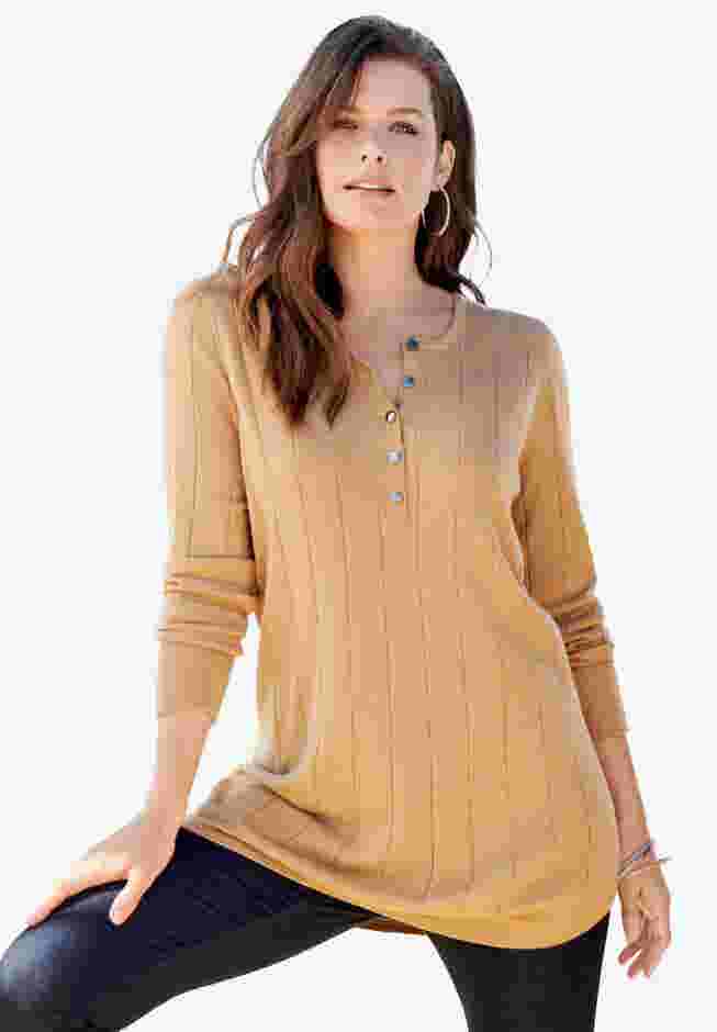 Plus Size Drop Needle Henley Lightweight Sweater Knit image number 1