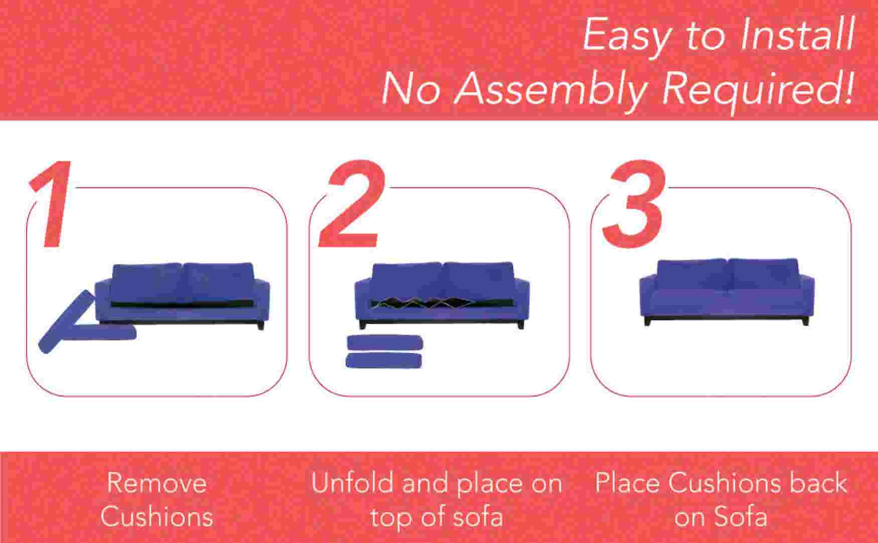 A three-step guide showing how to install the cushion support on a sofa.