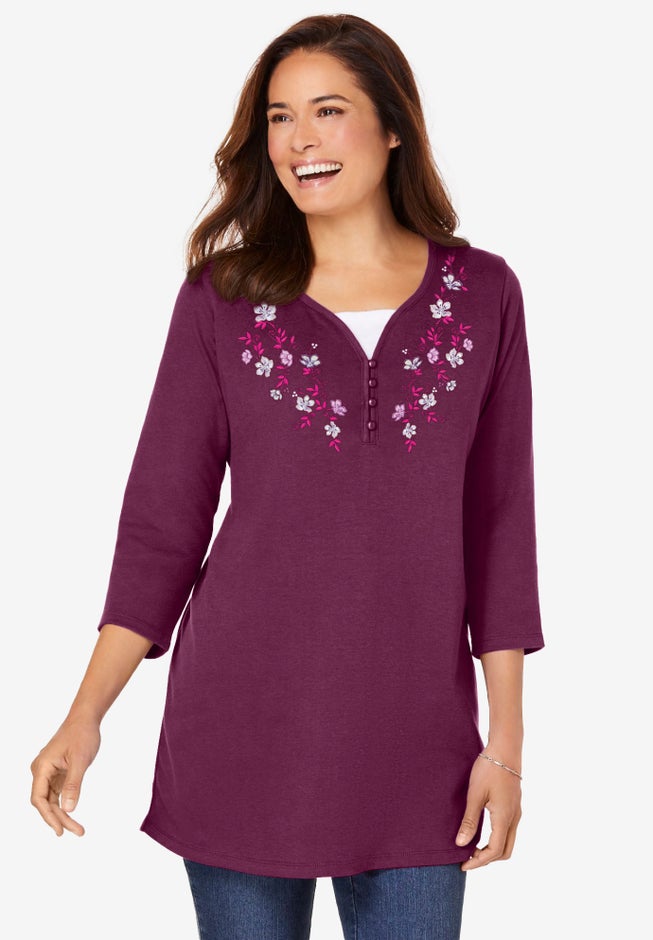 7-Day Layered-Look Embroidered Henley Tunic image number 3