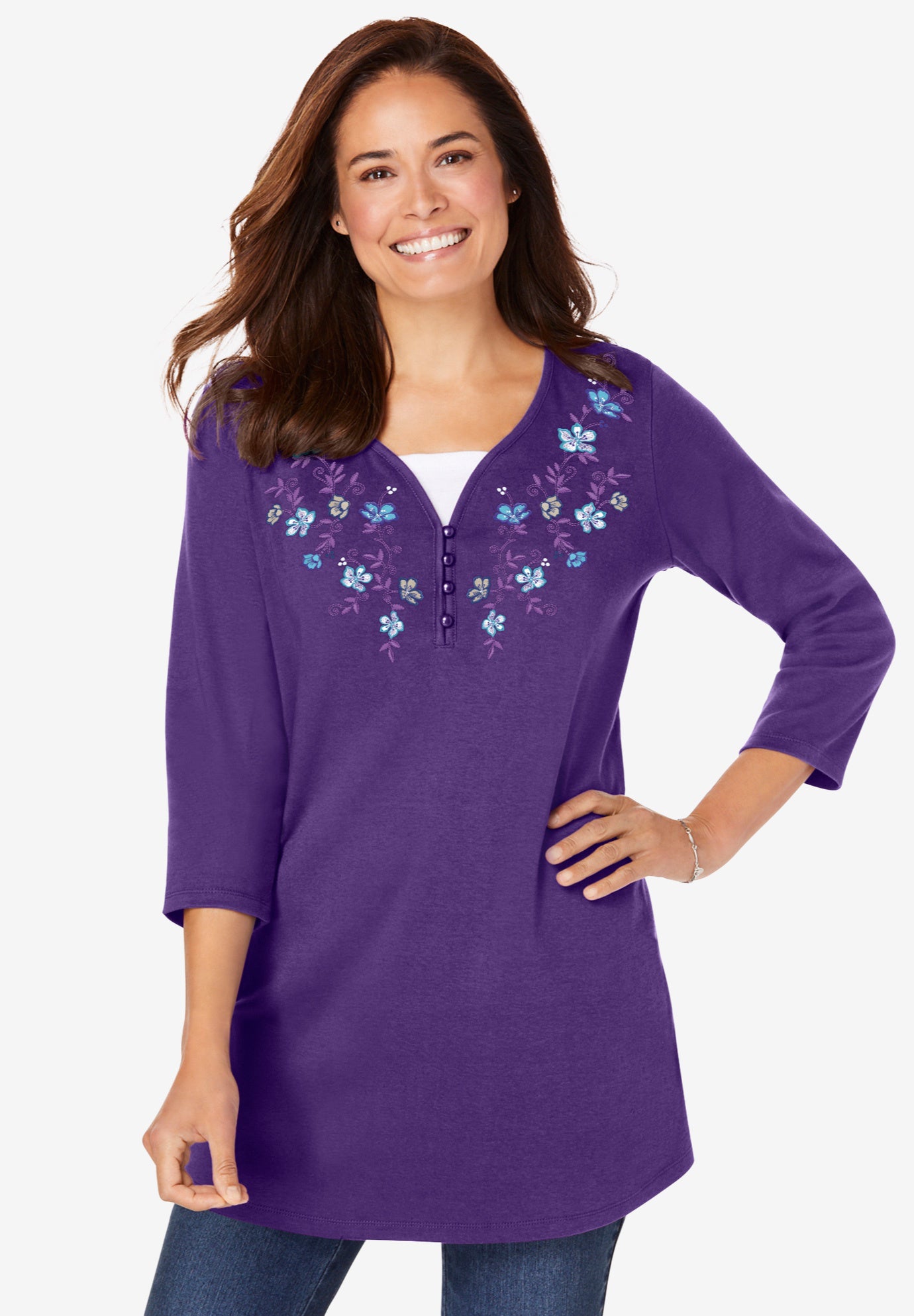 7-Day Layered-Look Embroidered Henley Tunic image number 0