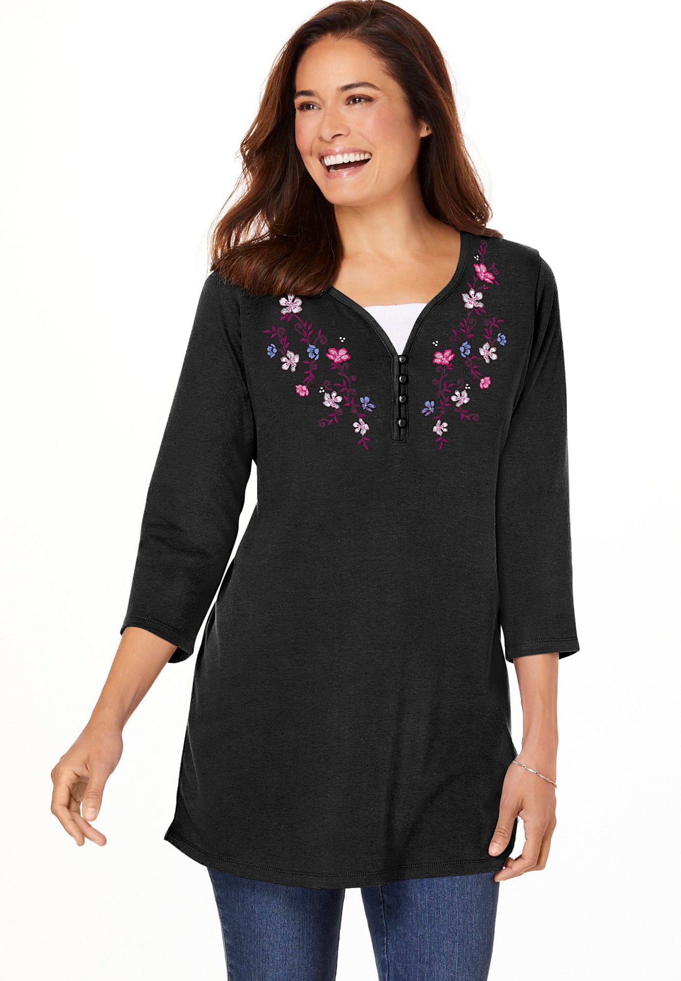 7-Day Layered-Look Embroidered Henley Tunic image number 0