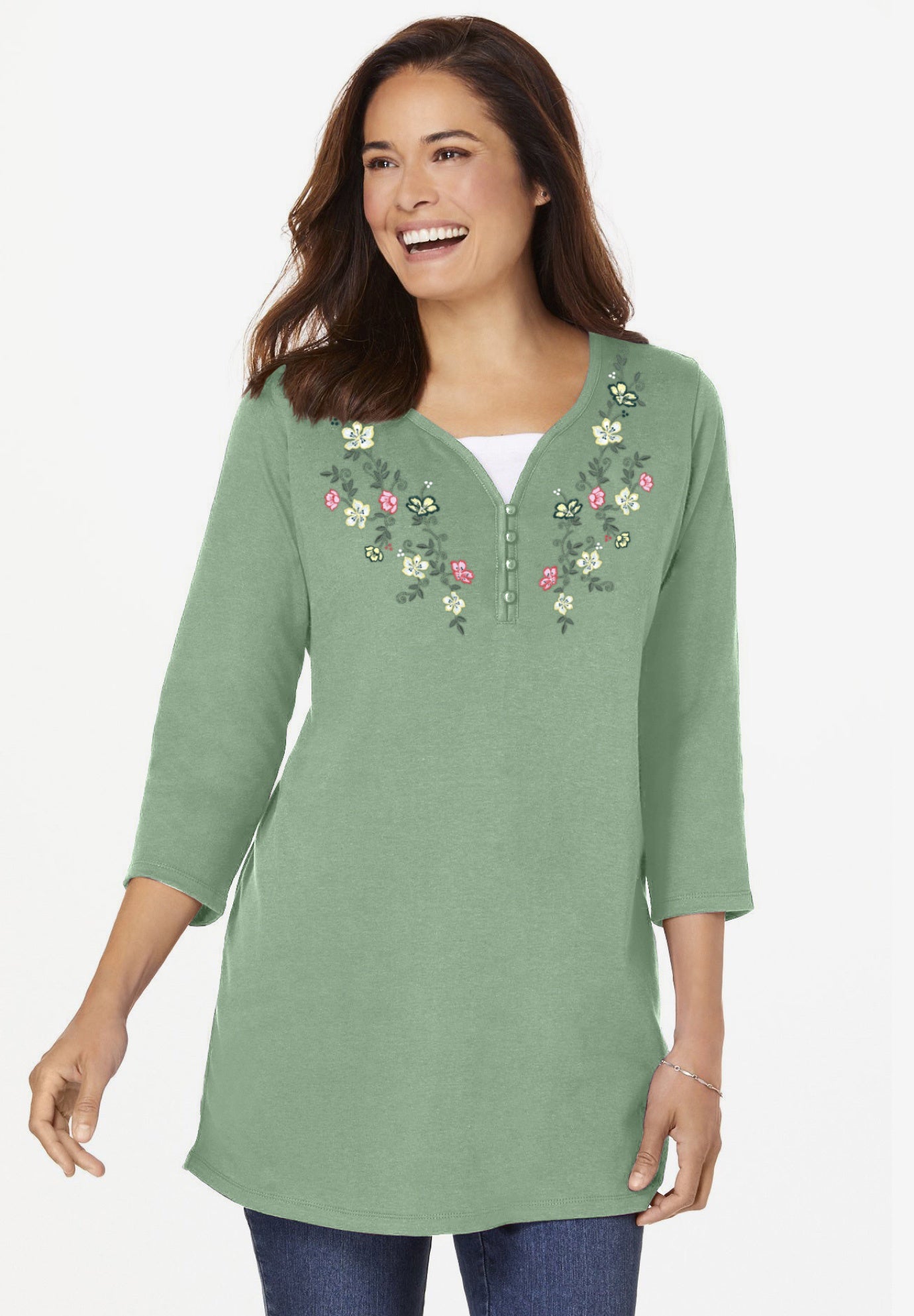 7-Day Layered-Look Embroidered Henley Tunic image number 0