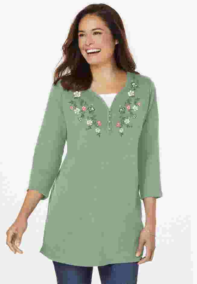 7-Day Layered-Look Embroidered Henley Tunic image number 0