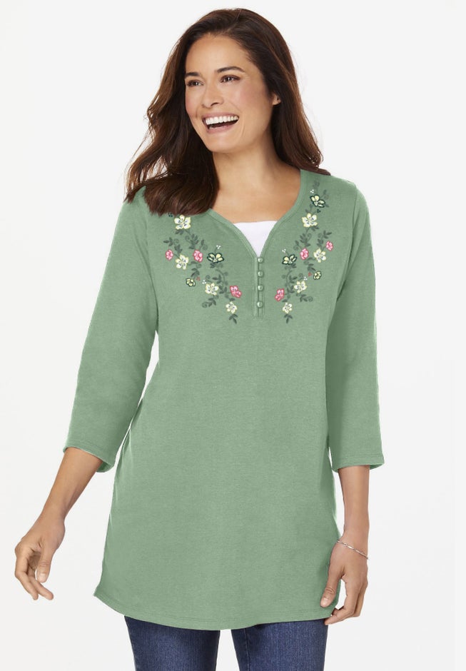 7-Day Layered-Look Embroidered Henley Tunic image number 0