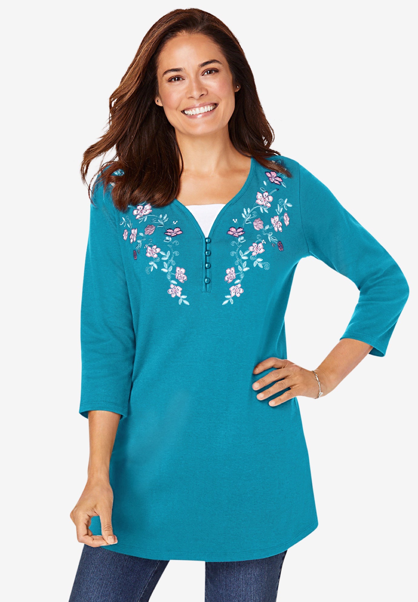 7-Day Layered-Look Embroidered Henley Tunic image number 0