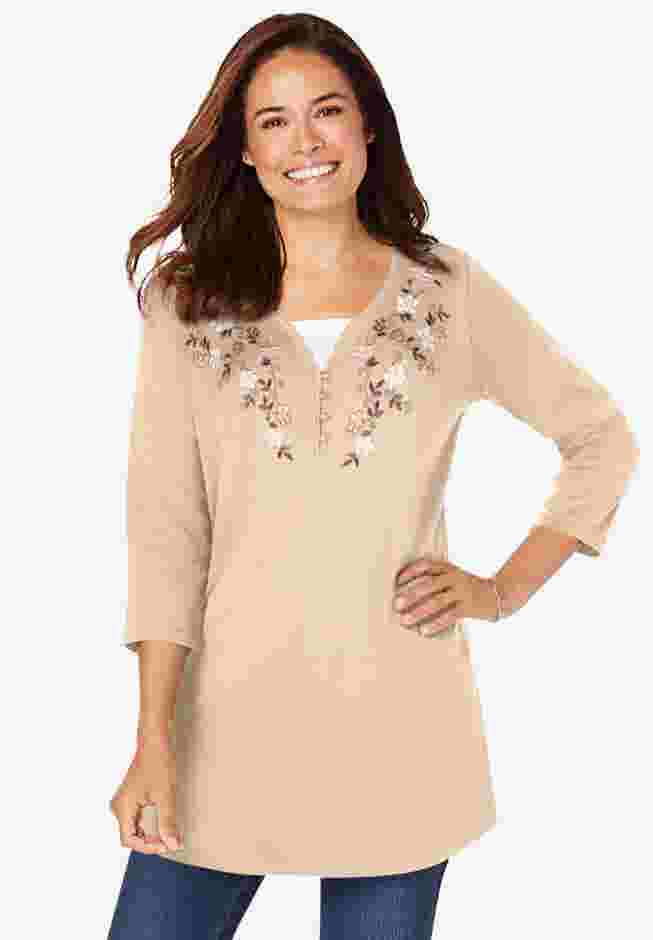 7-Day Layered-Look Embroidered Henley Tunic image number 0