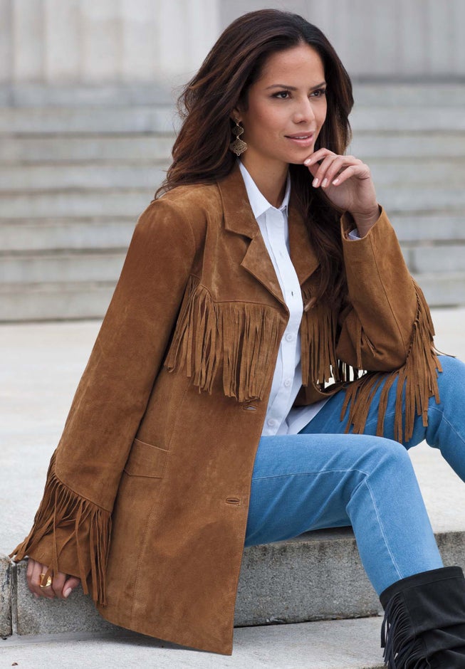Plus Size Fringe Suede Jacket image number 6