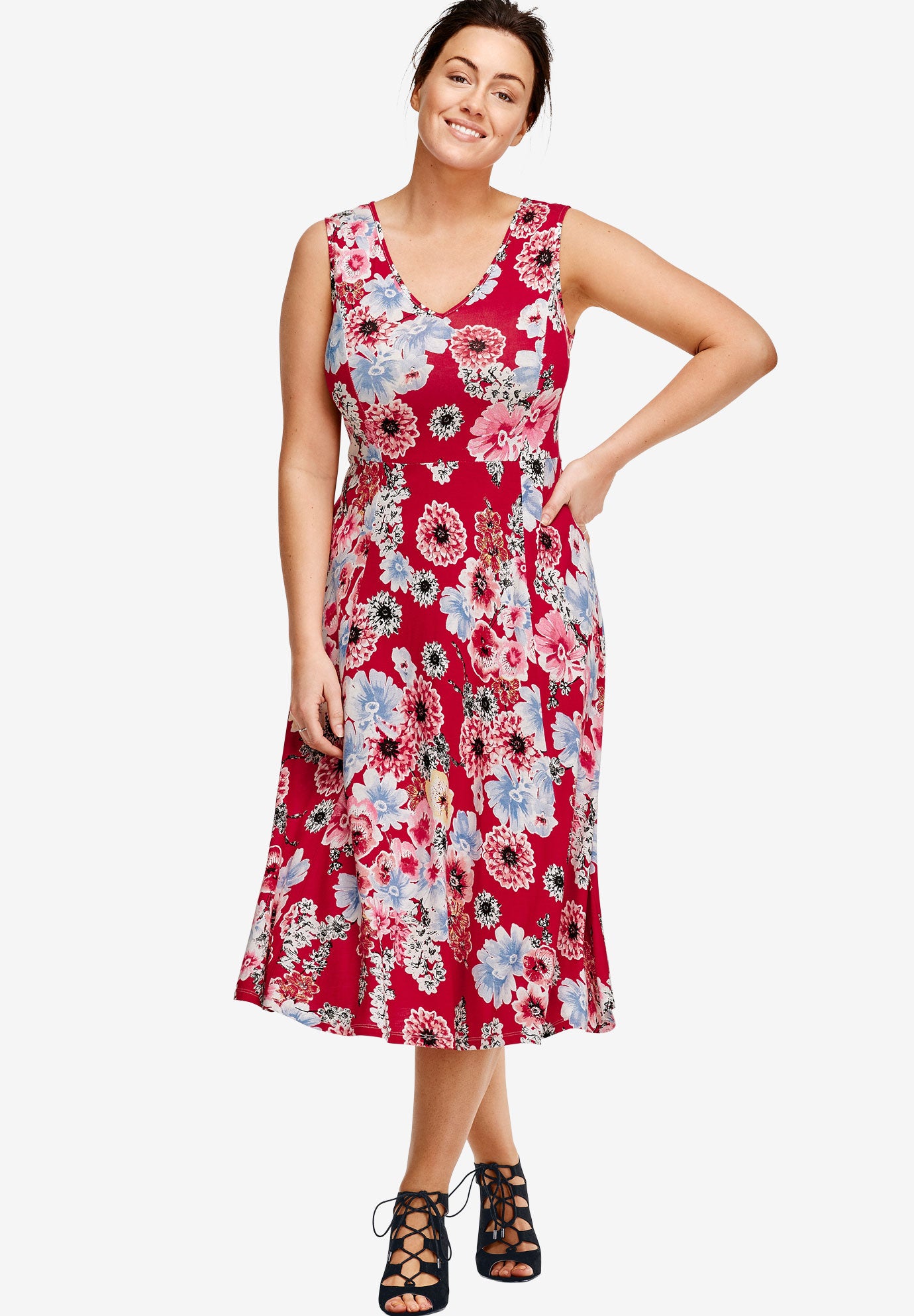 Stretch Jersey Knit Sleeveless Scoop Neck Fit and Flare Dress image number 0