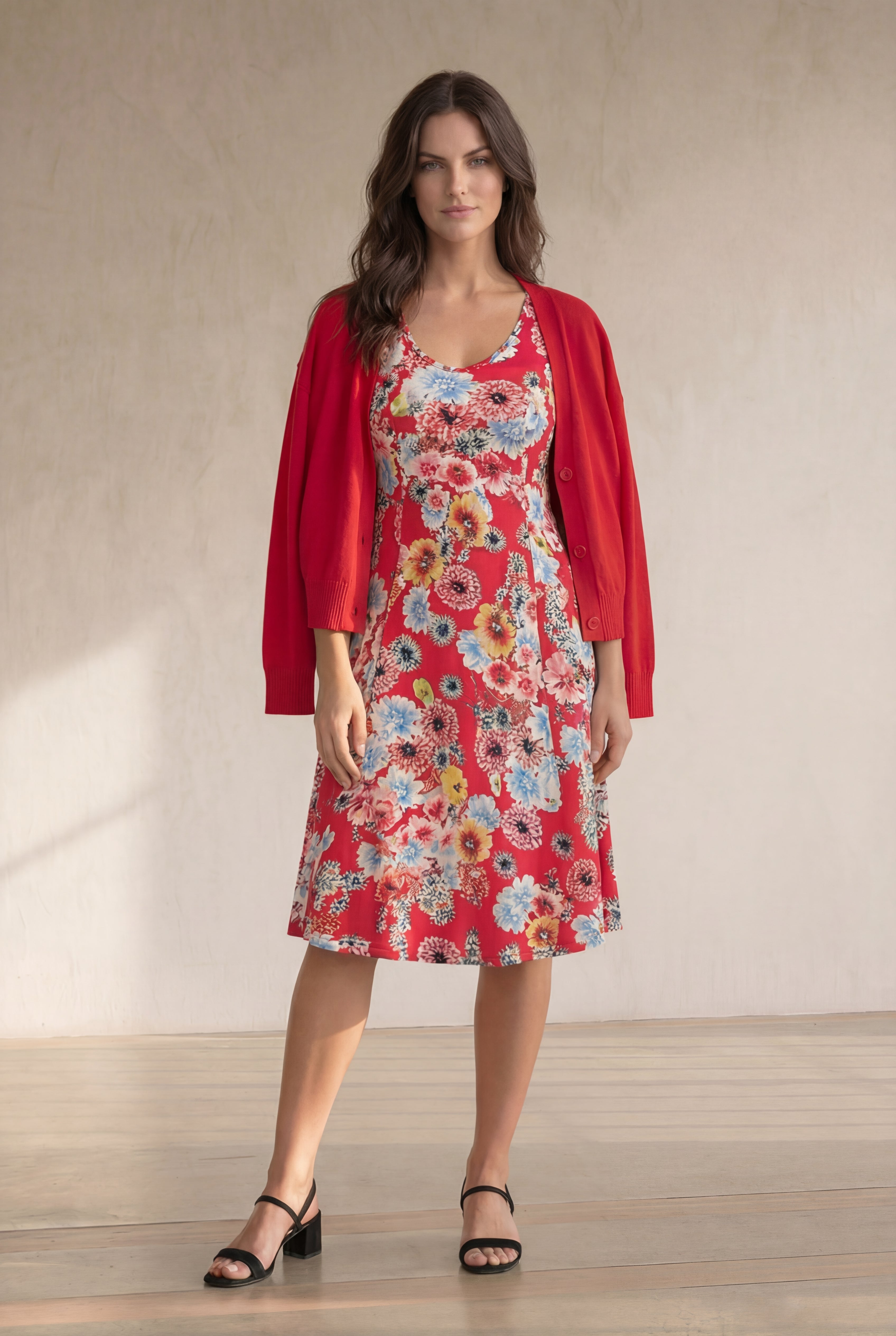 Stretch Jersey Knit Sleeveless Scoop Neck Fit and Flare Dress image number 2