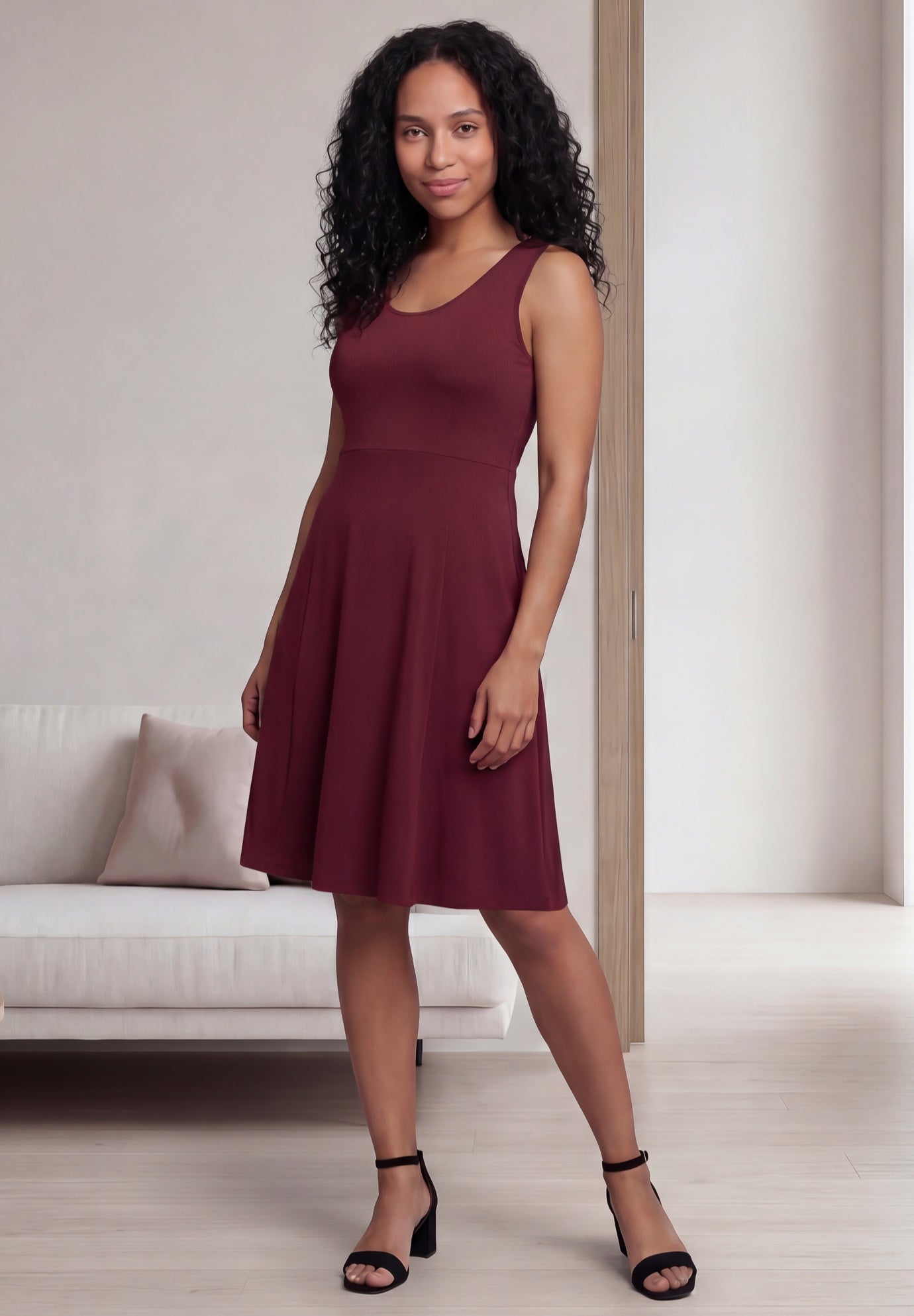 Stretch Jersey Knit Sleeveless Scoop Neck Fit and Flare Dress image number 0